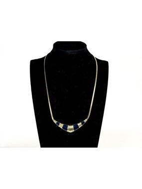 Avon Vintage Gold Herringbone Navy Blue Enamel Cleopatra Bib Necklace 1970s